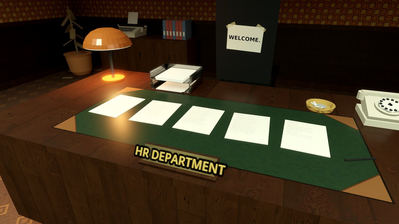The HR office: a walnut desk with the contract pages laid out on the blotter and a chair facing the wall with a note taped to it saying WELCOME