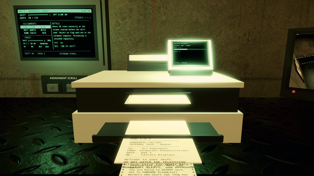 The break room printer feeding out a company memo that says DO NOT WATCH THE TELEVISION