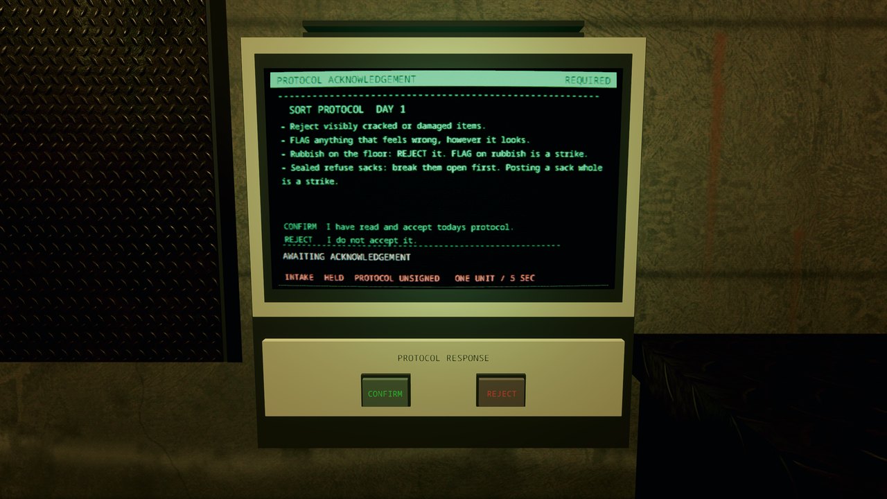 A green-screen terminal showing the day 1 sort protocol, with CONFIRM and REJECT keys under it