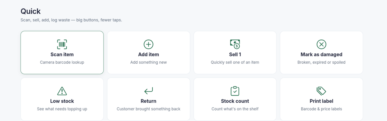 The WardenFox Quick actions screen, big buttons for Scan item, Add item, Sell, Mark as damaged, Low stock, Return, Stock count and Print label.