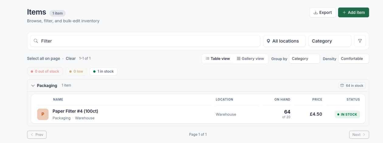 The WardenFox Items screen, a search box, stock-status filters, and the inventory list.